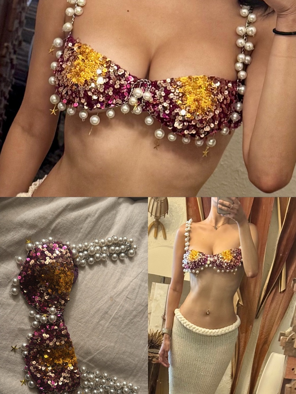 Sequin Pearl-Trim Crop Top - Pink & Gold